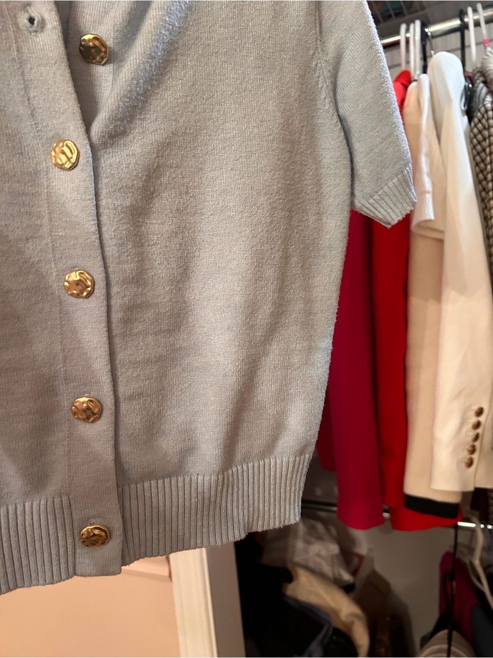 Light Blue Short-Sleeve Button Cardigan with Gold Buttons